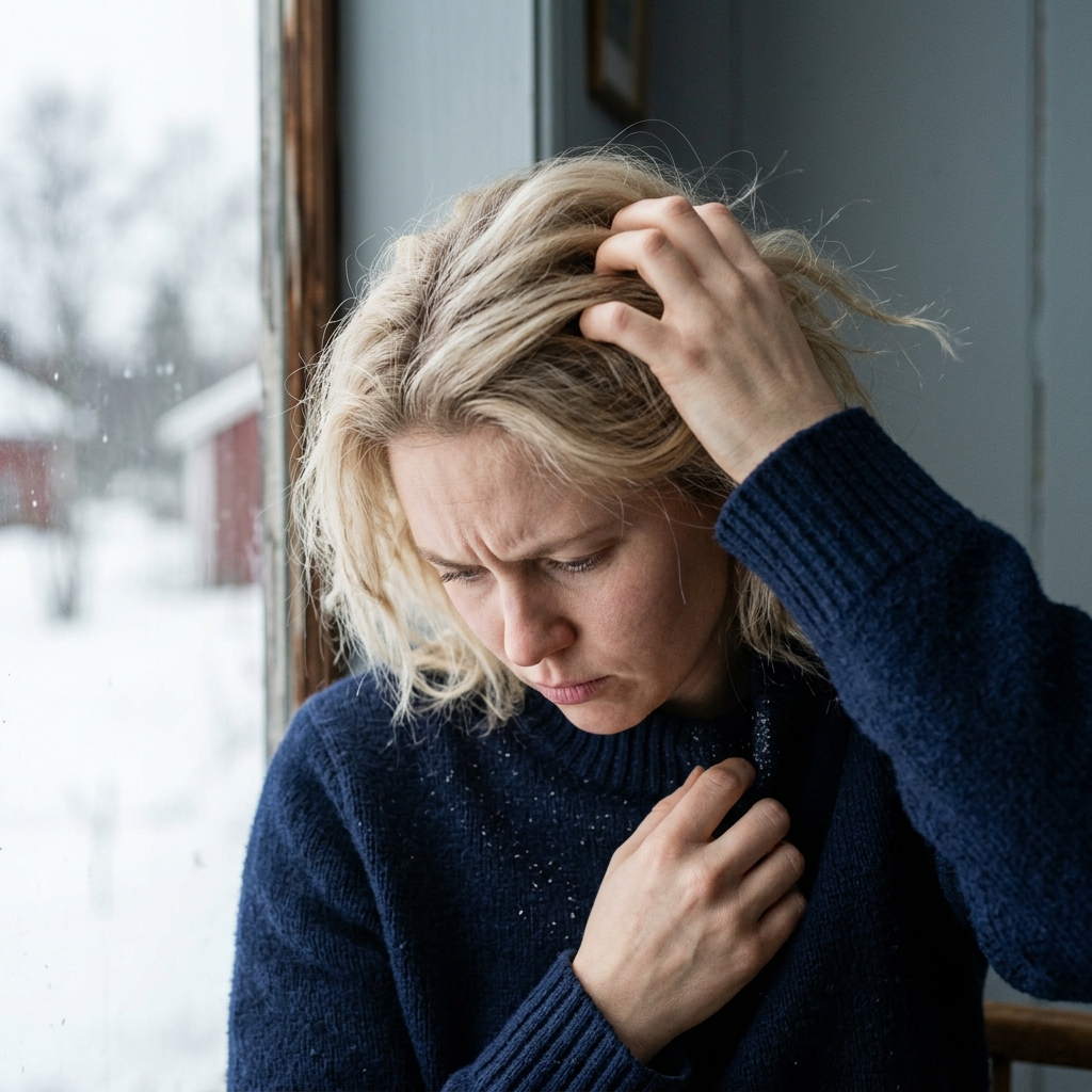 Nainen kokee hiuspohjan epämukavuutta pohjoismaisessa talvimaisemassa